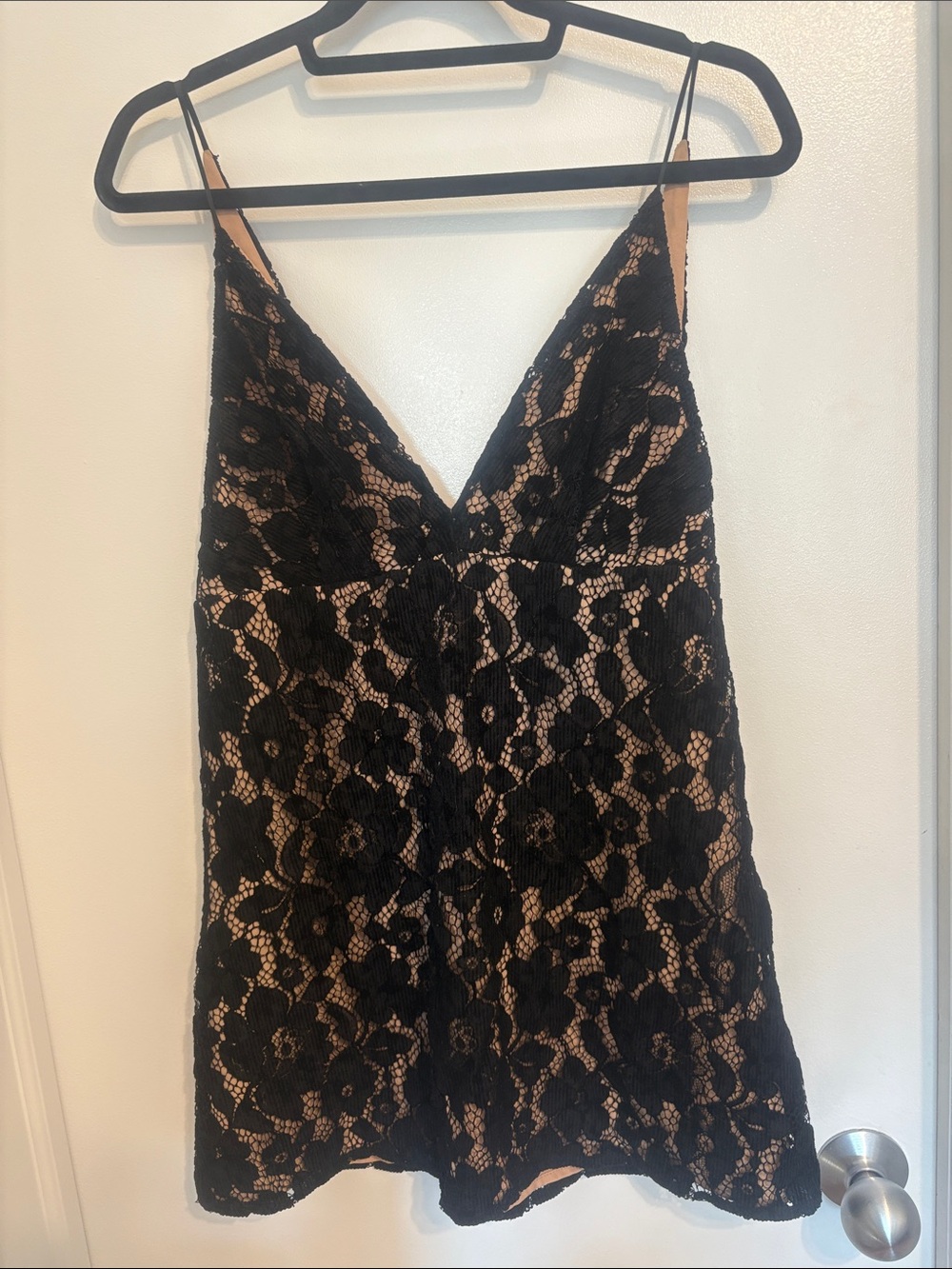 Free People Black Lace Mini Slip Dress with Nude Underlayer